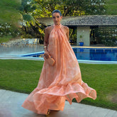 backless hanging neck sleeveless large swing ruffle edge dress